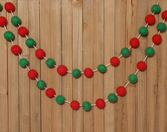 Classic Christmas Felt Ball Garland, Tree Decoration, Holiday Mantel Decor, Red and Green Wool Pom Poms