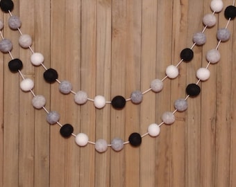 Black and White Felt Ball Garland, Monochrome Nursery Decor, Baby Shower Decorations