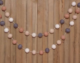 Gender Neutral Felt Ball Garland, Woodland Nursery Decor, Baby Shower Decorations, Gray, Beige, Cream, and Gray Wool Pom Poms