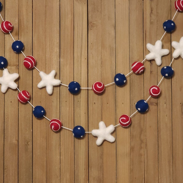 Stars and Stripes Patriotic Felt Ball Garland, 4th of July Decorations, Navy Blue, Red Swirl and Polka Dot Wool Pom Poms with White Stars