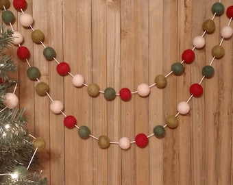 Rustic Christmas Felt Ball Garland, Country Mantel Decor, Farmhouse Tree Decoration, Maroon, Cream, and Green Wool Pom Poms
