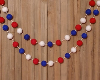 4th of July Felt Ball Garland, Red, White, and Royal Blue, Memorial Day Decorations