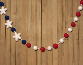 Star Spangled Banner Felt Ball Garland, 4th of July Decorations, Red, White, and Navy Blue Wool Pom Poms with White Stars, Patriotic Decor