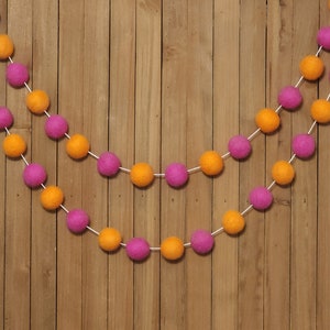 Pink and Orange Felt Ball Garland, Bachelorette Party, Bridal Shower, Girls Room Decor, Summer Sunshine Birthday Party Decorations