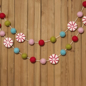 Sweet Peppermint Felt Ball Garland, Christmas Banner, Tree Decoration, Holiday Mantel Decor, Red, Pink, Aqua, and Green Wool Pom Poms