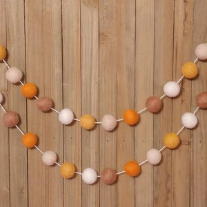 Pumpkin Spice Felt Ball Garland, Fall Decor, Thanksgiving Holiday Mantel Decoration, Orange, Cream, Mustard and Burlap Wool Pom Poms