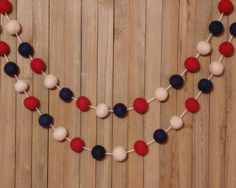 Rustic Fourth of July Felt Ball Garland, Burgundy, Cream, and Midnight Blue, Independence Day Decorations