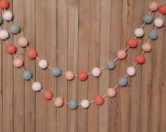Coral Mint and Peach Felt Ball Garland, Girl Nursery Decor, Baby Shower Decorations, Little Girls Room