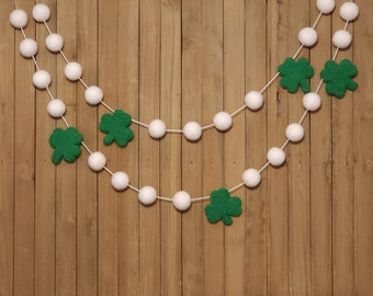 Classic St. Patrick's Day Felt Ball Garland, Green Clovers and White Wool Pom Poms, Holiday Party Mantel Decor