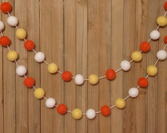 Candy Corn Felt Ball Garland, Dark Orange, Yellow, and White Wool Pom Poms, Halloween Decor