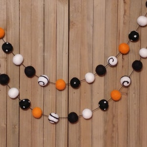 Spooky Halloween Felt Ball Garland, Swirls and Dots Black, Orange, and White Wool Pom Poms