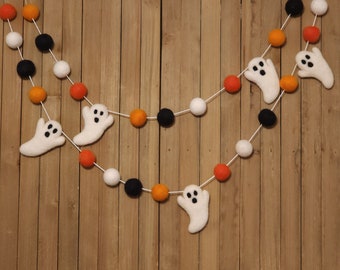 Ghost Halloween Felt Ball Garland, Spooky Mantel Decoration, Orange, Black and White Wool Pom Poms