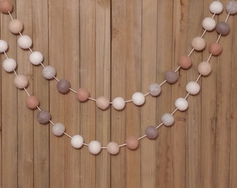 Gender Neutral Felt Ball Garland, Woodland Nursery Decor, Baby Shower Decorations, Beige, Cream, and Gray Wool Pom Poms