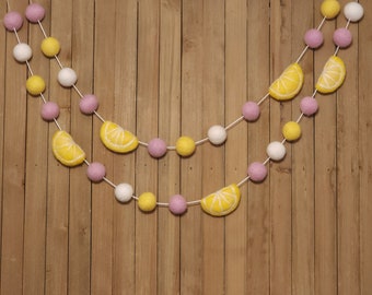 Pink Lemonade Felt Ball Garland, Little Girls 1st First Birthday Party Decor, Lemon Summer Pool Party Decoration