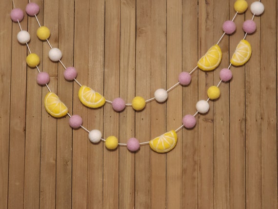 Pink Lemonade Felt Ball Garland, Little Girls 1st First Birthday Party Decor, Lemon Summer Pool Party Decoration
