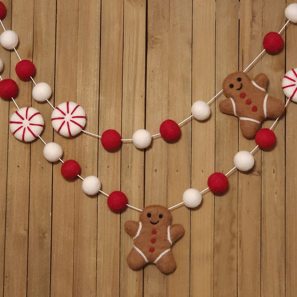 Gingerbread Peppermint Felt Ball Garland, Red and White Christmas Tree Decoration, Holiday Mantel Decor, Wool Pom Poms