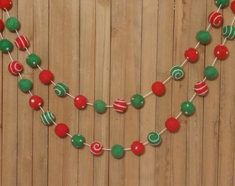 Holly Jolly Christmas Felt Ball Garland, Tree Decoration, Holiday Mantel Decor, Swirls and Dots Red and Green Wool Pom Poms