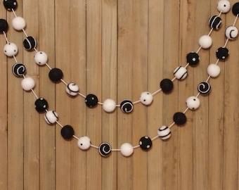 Swirl and Polka Dot Black and White Felt Ball Garland, Gender Neutral Nursery Decor, Baby Shower Decorations