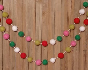 Red White Pink Citrus and Green Felt Ball Garland, Christmas Tree Decoration, Holiday Mantel Decor