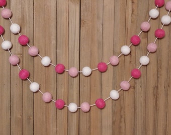 Ombre Pink and White Felt Ball Garland, Girl Nursery Decor, Baby Shower Decorations, Little Girls Room