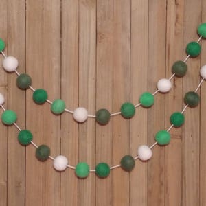 Shades of Green and White Felt Ball Garland, St. Patrick's Day Decor, Holiday Party Mantel Decoration
