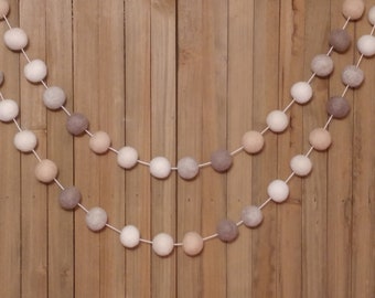 Gender Neutral Felt Ball Garland, Woodland Nursery Decor, Baby Shower Decorations, Gray, Cream, and White Wool Pom Poms