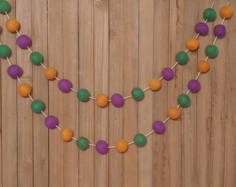 Mardi Gras Felt Ball Garland, Green, Purple, and Old Gold Wool Pom Poms, Holiday Party Mantel Decor