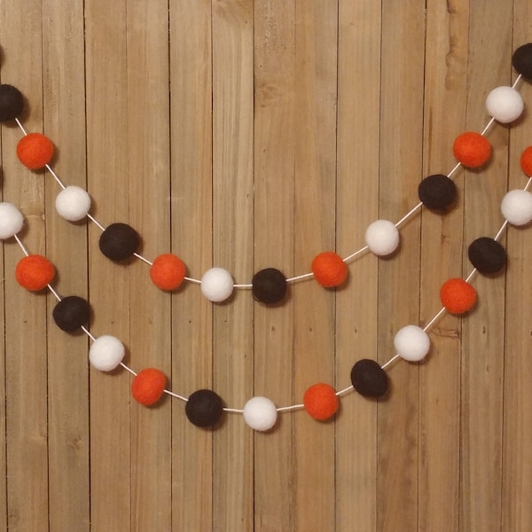 Dark Orange Black and White Felt Ball Garland, Halloween Decor