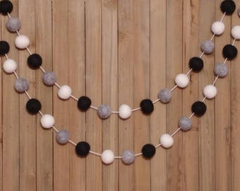 Black White and Gray Felt Ball Garland, Monochrome Nursery Decor, Baby Shower Decorations