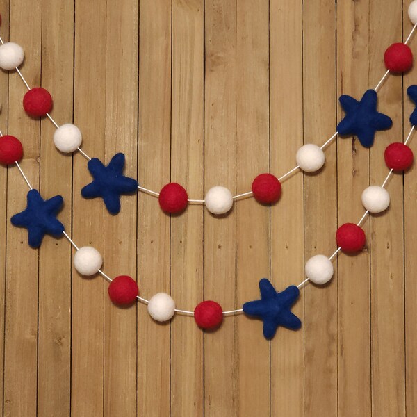 4th of July Felt Ball Garland, Memorial Day Patriotic Decorations, Red and White Wool Pom Poms with Navy Blue Stars