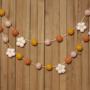 Boho Daisy Felt Ball Garland, Girl Nursery Decor, Baby Shower Decorations, Girls Room, Coral, Mustard, and Blush Pom Poms and Spring Flowers