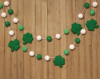 St. Patrick's Day Felt Ball Garland, Green and White Wool Pom Poms, Holiday Party Mantel Decor