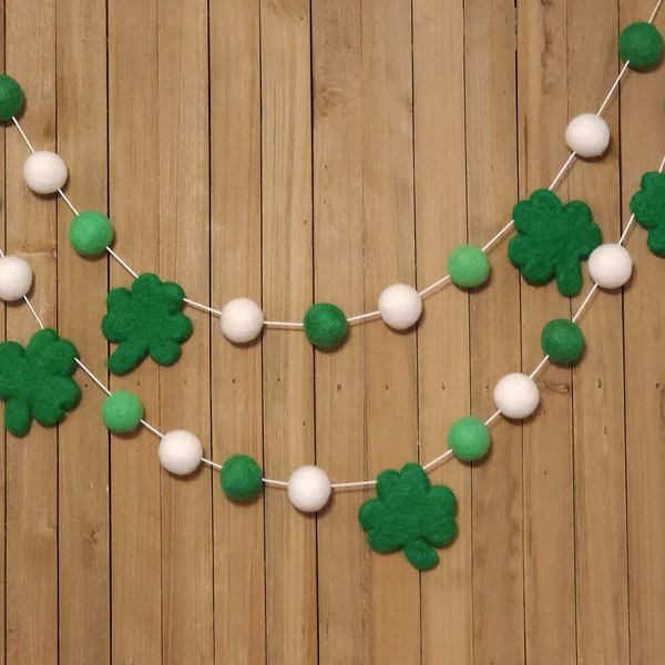 St. Patrick's Day Felt Ball Garland, Green and White Wool Pom Poms, Holiday Party Mantel Decor