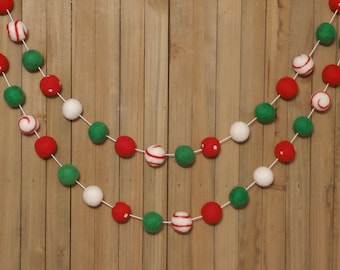 Holly Christmas Felt Ball Garland, Tree Decoration, Holiday Mantel Decor, Swirls and Dots Red, White, and Green Wool Pom Poms