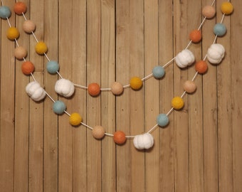 Boho Pumpkin Felt Ball Garland, Autumn Decor, Fall Mantel Decoration, Dark Coral, Dark Peach, Mustard and Mint Wool Felt Balls