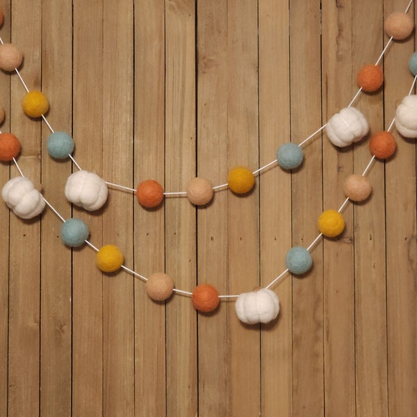 Boho Pumpkin Felt Ball Garland, Autumn Decor, Fall Mantel Decoration, Coral, Peach, Mustard and Mint Wool Felt Balls