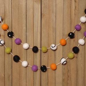 Happy Halloween Felt Ball Garland, Swirl and Polka Dot Black and White, Orange, Citrus, and Purple Wool Pom Poms, Mantel Decor