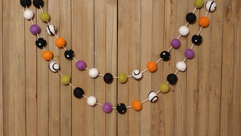 Happy Halloween Felt Ball Garland, Swirl and Polka Dot Black and White, Orange, Citrus, and Purple Wool Pom Poms, Mantel Decor
