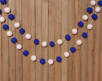 Royal Blue and White Felt Ball Garland, Hanukkah Decor