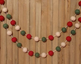 Rustic Christmas Felt Ball Garland, Country Mantel Decor, Farmhouse Holiday Decoration, Burgundy, Cream, and Green Wool Pom Poms