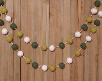 Green and White Felt Ball Garland, St. Patrick's Day Decor, Holiday Party Mantel Decoration