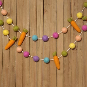 Spring Easter Carrot Felt Ball Garland, Pink, Apricot, Yellow, Citrus, Aqua, and Lavender Wool Pom Poms, Holiday Party Mantel Decor