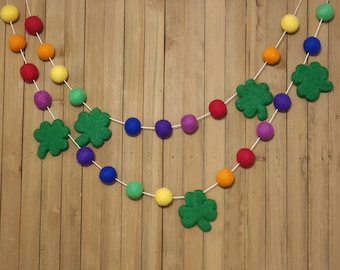 Shamrock Rainbow Felt Ball Garland, St. Patrick's Day Decor, Holiday Party Mantel Decoration