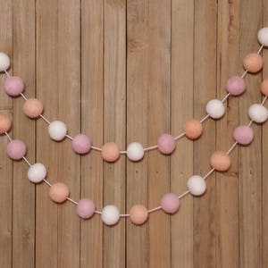 Pink Peach and White Felt Ball Garland, Girl Nursery Decor, Baby Shower Decorations, Little Girls Room