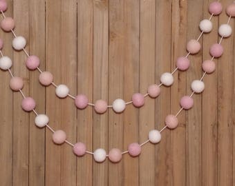 Blush Pink and White Felt Ball Garland, Girls Nursery Decor, Baby Shower Decorations, Wedding Bridal Shower, Little Girls Room