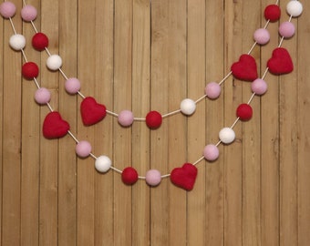 Sweet Heart Valentine's Day Felt Ball Garland, Light Pink, Red and White Wool Pom Poms, Holiday Party Mantel Decor