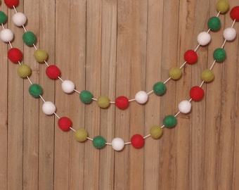 Traditional Christmas Felt Ball Garland, Tree Decoration, Holiday Mantel Decor, Red White Citrus and Green Wool Pom Poms