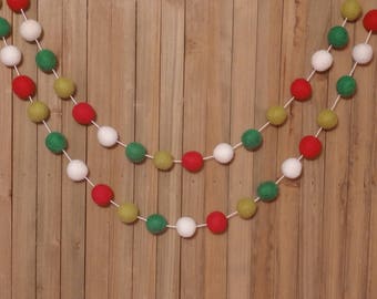 Traditional Christmas Felt Ball Garland, Tree Decoration, Holiday Mantel Decor, Red White Citrus and Green Wool Pom Poms