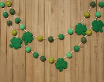 Green Shamrocks Felt Ball Garland, Shades of Green Wool Pom Poms, St. Patrick's Day Decor, Holiday Party Mantel Decoration