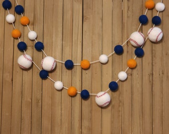 Baseball Felt Ball Garland, School Spirt Decor, Sports Team Colors Decoration, Navy Blue, Orange and White Wool Pom Poms